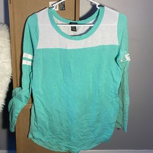 rue 21, blue and white women’s long sleeve tee, size medium,